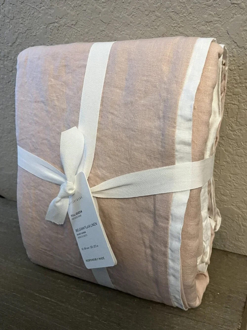 Pottery Barn Belgian Flax Linen Duvet Cover Full / Queen Soft Rose & White
